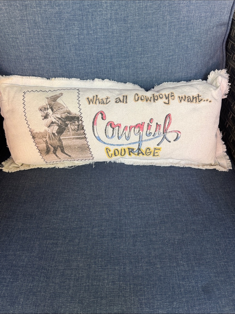 Cowgirl Courage Decorative Pillow - White with Pink, Blue & Yellow Script